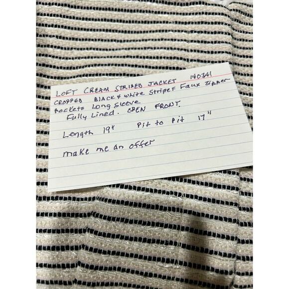 Loft Cream Jacket Black White Stripes Size XS Faux Zip Pockets Cropped - Picture 9 of 9